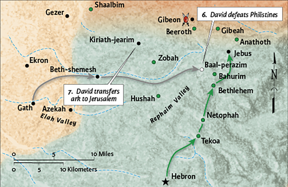 Davids Rise To Power closeup of map of Israel including Hebron in the south and Gibeon in the north