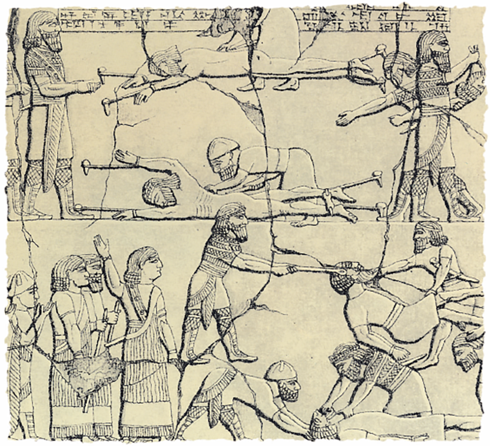 A relief from the palace of Ashurbanipal at Nineveh shows Assyrian soldiers subjecting captives to a series of tortures