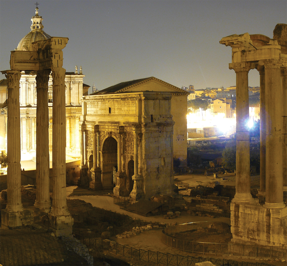 A view of the Roman Forum at night