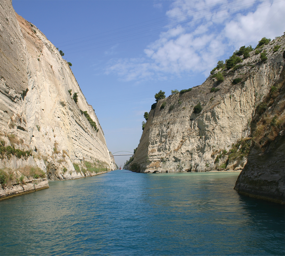 The Corinth Canal that was completed in 1893. Nero used six thousand Judean slaves to attempt to build the canal but lacked the tools needed to complete the project. Today the canal is used for tourist vessels.