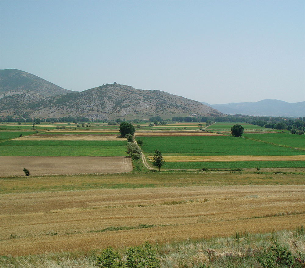 Philippi’s acropolis seen from the hill where Cassius’s forces camped in 42 BC. The Battle at Philippi was one of the strategic engagements between Julius Caesar’s assassins, Brutus and Cassius, and his avengers, Mark Antony and Octavius. The victory of the latter forces was a critical step toward Octavius becoming Caesar Augustus.