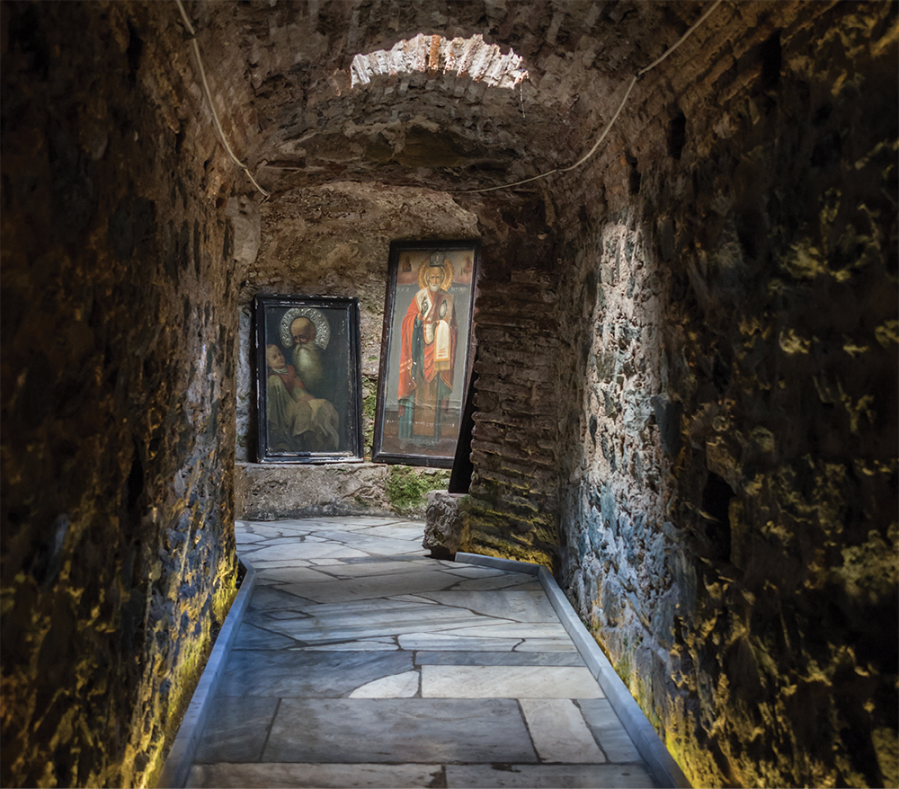 The Catacombs of St. John the Baptist in Thessalonica, part of a network of subterranean passageways within the city. The severe persecution of Christians ordered by Emperor Diocletian in early AD 303 affected Thessalonica in 304. Christians hid, gathered for worship, and buried their dead in catacombs like this.