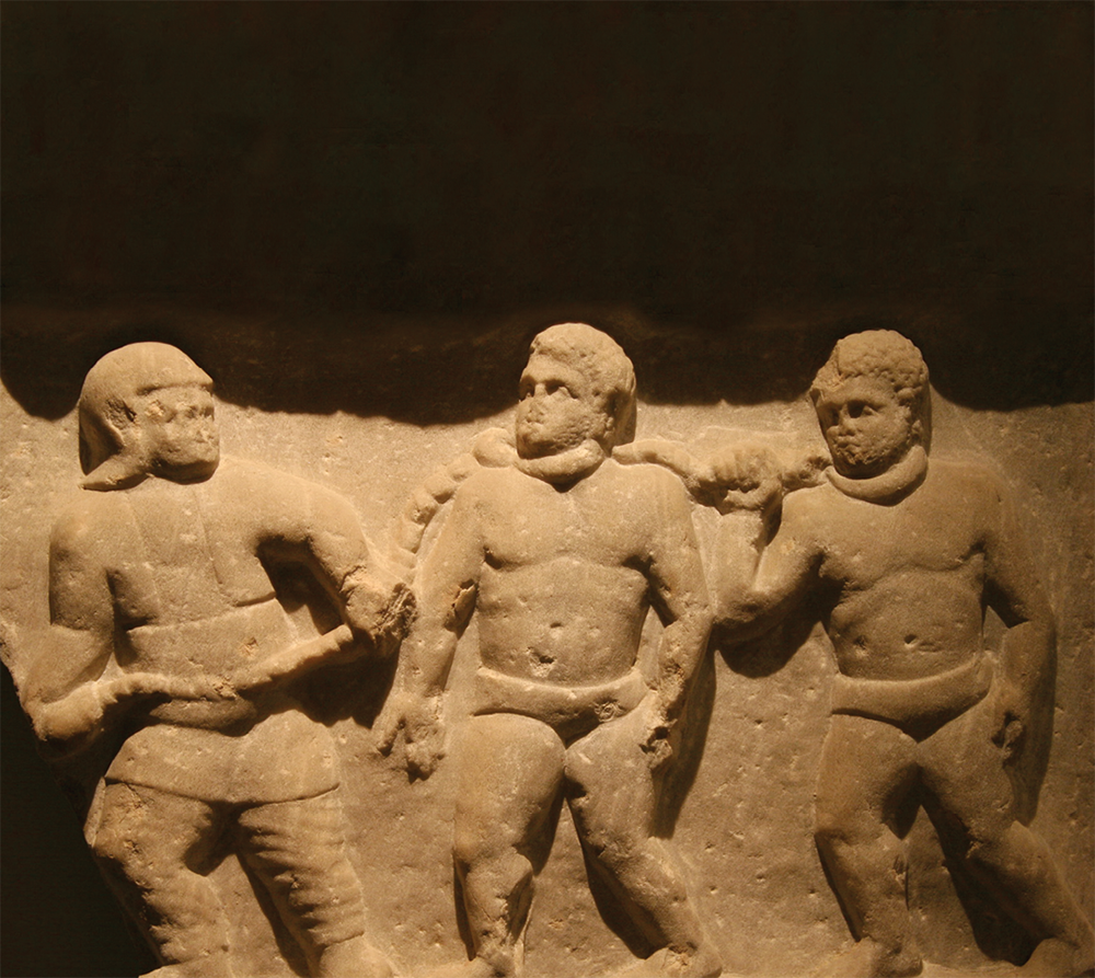 Roman collared slaves — Marble relief, from Smyrna (Izmir, Turkey), AD 200