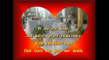 O perfect Love, all human thought transcending,<br />Lowly we kneel in prayer before Thy throne,<br />That theirs may be the love which knows no ending,<br />Whom Thou forever more dost join in one.<br />