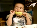 This sleepy little guy can't even keep his eyes open long enough for dinner!