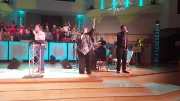 Aloma Baptist Church's praise team and choir leads the congregation in singing David Ruis' "We Will Dance" during this morning's "Celebrate" service.  Aloma continues to worship the Lord.