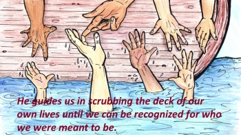 The Gospel presented in words and drawings using theme of hands, feet, boats.