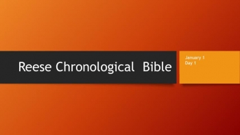 Read through the Bible in one year chronologically, starting January 1st or starting any day of the year. The 365 daily readings are divided by calendar dates, and by days. <br /><br />The uniqueness of these videos is that they are all done in chronological order of events in the Bible and not by traditional chapter and verse. All readings are dramatized, which adds to the interest and better understanding for the reader. You can also follow each scripture reading visually on your computer, tablet, or phone.<br /><br />You can purchase the Reese Chronological Bible at this link https://www.reesechronologicalbible.com <br /><br />You will notice highlighted words throughout these videos, these are words not spoken from the King James Version of the Bible. This is only done when there is a conversation and it makes the dramatization flow better.<br /><br />(P) = Prophesy<br />(R) = Reese - Dating <br />(K) = Klassen - Dating