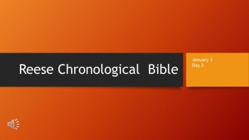 Read through the Bible in one year chronologically, starting January 1st or starting any day of the year. The 365 daily readings are divided by calendar dates, and by days. <br /><br />The uniqueness of these videos is that they are all done in chronological order of events in the Bible and not by traditional chapter and verse. All readings are dramatized, which adds to the interest and better understanding for the reader. You can also follow each scripture reading visually on your computer, tablet, or phone.<br /><br />You can purchase the Reese Chronological Bible at this link https://www.reesechronologicalbible.com <br /><br />You will notice highlighted words throughout these videos, these are words not spoken from the King James Version of the Bible. This is only done when there is a conversation and it makes the dramatization flow better.<br /><br />(P) = Prophesy<br />(R) = Reese - Dating <br />(K) = Klassen - Dating