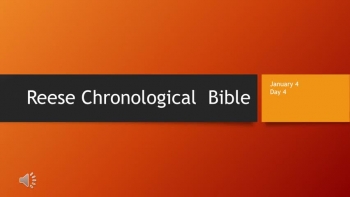 Read through the Bible in one year chronologically, starting January 1st or starting any day of the year. The 365 daily readings are divided by calendar dates, and by days. <br /><br />The uniqueness of these videos is that they are all done in chronological order of events in the Bible and not by traditional chapter and verse. All readings are dramatized, which adds to the interest and better understanding for the reader. You can also follow each scripture reading visually on your computer, tablet, or phone.<br /><br />You can purchase the Reese Chronological Bible at this link https://www.reesechronologicalbible.com <br /><br />You will notice highlighted words throughout these videos, these are words not spoken from the King James Version of the Bible. This is only done when there is a conversation and it makes the dramatization flow better.<br /><br />(P) = Prophesy<br />(R) = Reese - Dating <br />(K) = Klassen - Dating