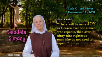 Peace to everyone,<br />Six hundred years before Jesus walked the earth, God sent the Prophet Zephaniah to warn Israel to turn away from the sin of worshiping false gods and foreign practices and follow God’s plan of Salvation.<br />Today’s Gospel reveals another great prophet, John the Baptist, who calls us to repent from sin and follow the Messiah, Jesus, the Lamb of God, who will pay the full price for our sin and provide us the free gift of eternal life in God’s Kingdom.<br />On this Gaudete Sunday, (a time to REJOICE in God’s plan of salvation), I invite you to listen to a TRUE STORY about a woman who was trapped in sin, and how a miracle of God’s love, grace and mercy, set her free and restored her life through the power of Jesus Christ.  May her story encourage us all to REJOICE as we prepare to celebrate our Savior’s birth this Christmas.