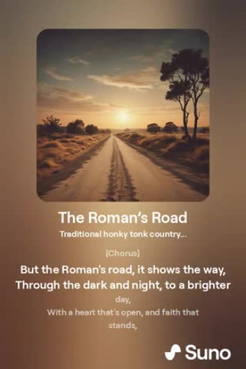 After watching the new Christian movie The Forge on 24 August 2024 at the movie theater, there was a scene that showed a pamphlet called Roman's Road. I was inspired to write a narrative poem with elements of lyric poetry, titled The Roman's Road. It is based on the following verses:

Romans 3:23
"For all have sinned and fall short of the glory of God."

Romans 5:8
"But God demonstrates His own love for us in this: While we were still sinners, Christ died for us."

Romans 6:23
"For the wages of sin is death, but the gift of God is eternal life in Christ Jesus our Lord."

Romans 10:9-10
"If you declare with your mouth, 'Jesus is Lord,' and believe in your heart that God raised Him from the dead, you will be saved. For it is with your heart that you believe and are justified, and it is with your mouth that you profess your faith and are saved."

Romans 10:13
"For, 'Everyone who calls on the name of the Lord will be saved.'"

These verses collectively outline key aspects of the Christian message of salvation.

Breakdown of the Lyrics:
Verse 1: References Romans 3:23, highlighting humanity's universal sinfulness. It describes how all people have fallen short of God's glory and are burdened by guilt and shame.
Chorus: The "Roman's Road" metaphor symbolizes the journey of salvation, which leads from darkness and sin to redemption and eternal life through faith and God's grace.
Verse 2: Focuses on Romans 5:8, underscoring God's love demonstrated through Christ's sacrifice. Even while humanity was still in sin, Jesus died to set people free, showing unconditional grace.
Verse 3: Draws from Romans 6:23, discussing the consequence of sin ("the wages of sin is death") but contrasts it with the gift of eternal life through Jesus, who liberates believers from their sins.
Bridge: Summarizes Romans 10:9-10 and 10:13, explaining that salvation comes through confessing faith in Jesus and believing in His resurrection. This applies to anyone who calls on Him, promising a spiritual home in Christ.
Overall, the lyrics walk through the biblical path of sin, grace, and salvation, emphasizing God's love and the transformative power of faith in Jesus.

Lyrics:
[Verse]
Down on a dusty road, where sinners tread,
We've all fallen short, just like the Good Book said,
Romans 3:23, it's written plain,
We're all lost sheep, carried by guilt and shame.

[Chorus]
But the Roman's road, it shows the way,
Through the dark and night, to a brighter day,
With a heart that's open, and faith that stands,
We find salvation, in His mighty hands.

[Verse 2]
Romans 5:8 proved His love for you and me,
While we were yet sinners, His grace set us free,
In our darkest hour, He took our place,
A selfless act of pure and endless grace.

[Chorus]
But the Roman's road, it shows the way,
Through the dark and night, to a brighter day,
With a heart that's open, and faith that stands,
We find salvation, in His mighty hands.

[Verse 3]
Romans 6:23 pays a heavy toll,
The wages of sin, they burden our soul,
But the gift of God, eternal life in Him,
Who broke every chain, forgave every sin.

[Bridge]
If you confess with your mouth, believe in your heart,
Romans 10:9-10, that's where it starts,
You'll be saved, no matter where you've roamed,
For whosoever calls, will find a home

#ChristianMusic #RomansRoad #FaithJourney #ChristianLyrics #BibleVerses #Romans3:23 #Romans5:8 #Romans6:23 #Romans10:9-10 #Romans10:13 #ChristianPoetry #NarrativePoem #GospelMessage #ChristianMovieInspiration #SalvationInChrist #EternalLife #JesusSaves #GraceAndRedemption #ForgivenessThroughChrist #NewChristianSong #InspiredByTheForge #RomansRoadToSalvation #GodsLove #FaithInJesus #ChristDiedForUs #SalvationPoem #FaithAndGrace #ChristianMusicLyrics #ChristianLife #BiblicalInspiration #GodsGrace #JesusIsLord #FaithBasedArt #ChristianFaith