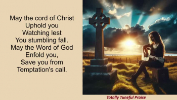 Celtic hymn to the Trinity. CCLI 7261498
D       G          D       A
May the three fold cord entwine you,
D        G          D     A
May the three fold fabric tell,
D      G          D         A
Of the heart that beats to find you,
G    A             G    A   D
To restore you and make you well.

C           D       C           D          
Cord of the Father, cord of the Son,
C           D       G        A
Cord of the Spirit, Three in One.

May the cord of Father hold,
Draw you gently to his breast.
Not to harm you or to scold you,
But to give you perfect rest.

May the cord of Christ uphold you,
Watching lest you stumbling fall.
May the Word of God enfold you,
Save you from temptation's call.

May the cord of Spirit bind you,
Gentle as the cooing dove,
Soothing every hurt behind you,
Till you know that God is love.
