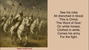 Folk style hymn.
Chorus
                           C                       G           C
There comes a day when we see the One,
              F                              G             C
Upon a white horse we’ll see him come.
                     F                    G                    Am                   F
His name is Faithful and True and he died once for you.
                           C                      G            C
There comes a day when we see the One.

Verse
Am      Em              F         C
Just in peace and just in war,
Am        Em        F              G
Eyes of fire and so much more.
Am      Em          F         C
On his head so many crowns,
Am      Em       F                    G
This is God to Earth come down.

Verse
See his robe all drenched in blood,
This is Christ The Word Of God.
On white horses, clothed in white,
Comes his army for the fight.

Verse
From his mouth there comes a sword,
He will rule with Iron Rod.
King of kings and Lord of lords,
Written on his blood stained robe.

CCLI7269820
