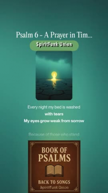 The "Book of Psalms: Back to Songs" project is a creative endeavor to restore the original spirit of the #psalms  -  as songs of worship, lament, praise, and reflection-by transforming them back into musical form, as many were written. Drawing from modern translations of the classic biblical texts, this project reimagines the Psalms with fresh musical arrangements that blend timeless messages with modern sounds.

Each Psalm is thoughtfully adapted into lyrical and melodic compositions, many using modern tools, to explore harmonies, instrumentation, and genre-blending arrangements. From soulful acoustic ballads and rock/pop hymns to country pieces and R&B-inspired tunes, the project seeks to make the Psalms accessible and resonate with today’s listeners, while staying true to their emotional and spiritual depth.
lyrics:
[Verse 1]
Don’t discipline me, Lord, when Your anger is rising
Don’t correct me in Your fire
Have mercy on me, heal this fragile body
My bones are shaking in fear
My soul is worn and weary
How long must I wait?

[Chorus]
Turn back and come to my rescue
Show Your faithful love and save me, Lord

[Verse 2]
In the grave I can’t praise You
I can’t lift Your name
My crying has left me empty
Every night my bed is washed with tears
My eyes grow weak from sorrow
Because of those who stand against me

[Chorus]
Turn back and come to my rescue
Show Your faithful love and save me, Lord

[Bridge]
You have heard my cry, Lord
So my enemies must step away
You have heard my prayer
You have answered my plea for mercy

[Chorus]
My enemies will fall back in shame and trembling
They’ll turn away in disgrace
Turn back and come to my rescue
Show Your faithful love and save me, Lord

[Outro]
Save me, Lord
----
style: genre:  pop, worship, A reggae-infused pop song with a male lead vocalist