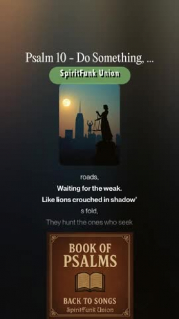 The "Book of Psalms: Back to Songs" project is a creative endeavor to restore the original spirit of the #psalms  -  as songs of worship, lament, praise, and reflection-by transforming them back into musical form, as many were written. Drawing from modern translations of the classic biblical texts, this project reimagines the Psalms with fresh musical arrangements that blend timeless messages with modern sounds.

Each Psalm is thoughtfully adapted into lyrical and melodic compositions, many using modern tools, to explore harmonies, instrumentation, and genre-blending arrangements. From soulful acoustic ballads and rock/pop hymns to country pieces and R&B-inspired tunes, the project seeks to make the Psalms accessible and resonate with today’s listeners, while staying true to their emotional and spiritual depth.

Psalm 10 expresses the raw anguish and moral outrage of feeling abandoned by God while watching the wicked prosper without consequence. However, this despair shifts into a resolute trust, concluding with the assurance that God hears the cries of the oppressed and will ultimately deliver justice.

lyrics:
[Vulnerable Vocals: soft piano intro]
Why are You so far away, Lord?
Why do You hide when I’m in pain?
The proud and the ruthless hunt the poor,
But let their own traps bring them shame.

[Verse 1]
The wicked brag about their hunger,
Their hearts chase selfish dreams.
They curse Your name, O Holy One,
Too proud to see what mercy means.
They rise with wealth and arrogance,
But never seek Your face.
They twist the truth, they mock the good —
They’re lost in their own ways.

[Chorus: Smooth soul harmonies]
Do something, Lord — reach down Your hand,
Lift up the broken, help us stand.
Show Your power, show Your grace,
Bring Your mercy to this place.

[Verse 2]
They say, “We can’t be shaken,
Nothing can bring us down.”
Their lips speak lies, their hearts deceive,
Their words like poison sound.
They plot and scheme in secret rooms,
Their thoughts all bent on wrong.
They’ve forgotten love and kindness, Lord —
Their hearts no longer strong.

[Verse 3: darker jazz groove builds]
They hide outside the village roads,
Waiting for the weak.
Like lions crouched in shadow’s fold,
They hunt the ones who seek.
They set their nets for weary souls,
They drag the poor away.
Then whisper, “God won’t notice —
He’s turned His eyes away.”

[Chorus: Emotional and rising]
Do something, Lord — reach down Your hand,
Lift up the broken, help us stand.
Show Your power, show Your grace,
Bring Your mercy to this place.

[Bridge: tender piano and saxophone weave in]
Do something, Lord — I’m calling still,
Your justice moves, Your love can heal.
The wicked say You’ll never act,
But truth will break their lies in half.

[Verse 4]
You see the pain, You see the cries,
You see the hearts undone.
You stand beside the poor and lost,
Their hope in You alone.
Break the power of the cruel, Lord,
Let justice roll again.
Stop the hands that harm the weak —
Let righteousness remain.

[Verse 5: hopeful tone, softer band]
You reign forever, Lord of light,
Though nations fade away.
You hear the sighs of those who grieve,
And answer when they pray.
You lift the orphan from the dust,
You guard the ones in need.
You silence fear across the earth,
Till love is all we breathe.

[Final Chorus: full soul band with brass swell]
Do something, Lord — reach down Your hand,
Lift up the broken, help us stand.
Show Your power, show Your grace,
Bring Your mercy to this place.
Do something, Lord — oh, hear our plea,
Bring justice, bring peace, set captives free.

[Outro: slow jazz fade, soft piano and sax]
Help those in need…
Help those in need.
[instrumental fade]

---
notes: Words updated for song lyrics
style: Jazz Blues, Soul, Emotional