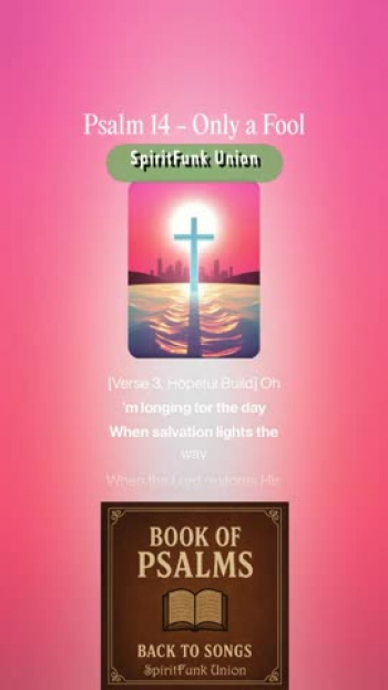 Psalm 14 is defined by a sense of profound grief and sober astonishment at the widespread corruption and "practical atheism" of a world that lives as if God does not exist. This heavy lament eventually gives way to a yearning hope, anticipating a future day when God will restore His people and turn their collective sorrow into shouting joy.

The "Book of Psalms: Back to Songs" project is a creative endeavor to restore the original spirit of the #psalms  -  as songs of worship, lament, praise, and reflection-by transforming them back into musical form, as many were written. Drawing from modern translations of the classic biblical texts, this project reimagines the Psalms with fresh musical arrangements that blend timeless messages with modern sounds.

Each Psalm is thoughtfully adapted into lyrical and melodic compositions, many using modern tools, to explore harmonies, instrumentation, and genre-blending arrangements. From soulful acoustic ballads and rock/pop hymns to country pieces and R&B-inspired tunes, the project seeks to make the Psalms accessible and resonate with today’s listeners, while staying true to their emotional and spiritual depth.

--
notes: Words updated for song lyrics
style: Upbeat rock gospel, blues rock groove, handclaps, driving drums, electric guitar riffs, joyful female vocals