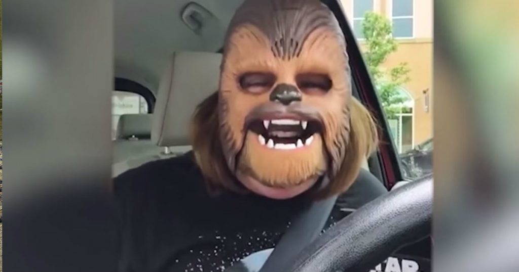 godupdates woman shares joy of the lord by wearing chewbacca mask