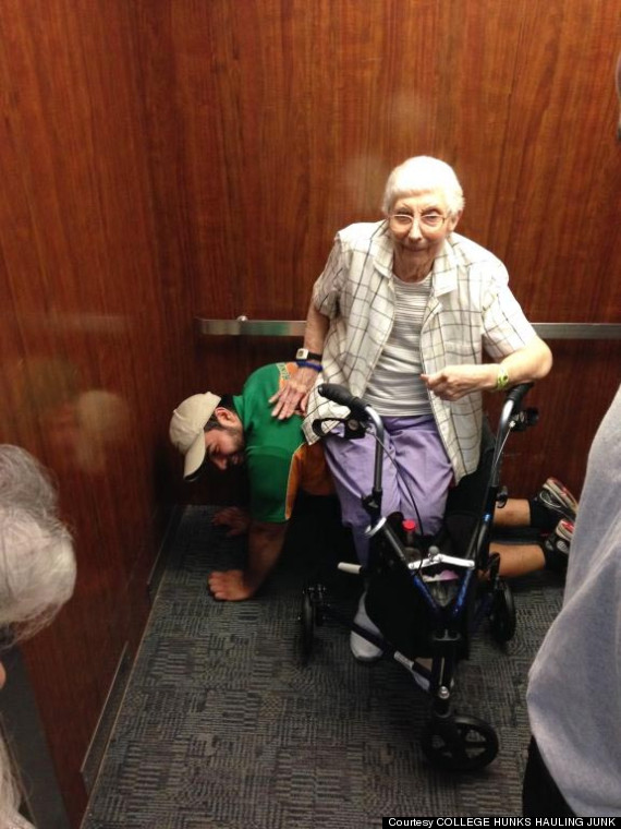 Cesar Larious becomes a human chair for elderly woman.